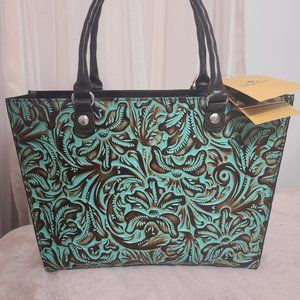 Patricia Nash ZANCONA TOOLED TURQUOISE Leather Tote Shoulder Bag